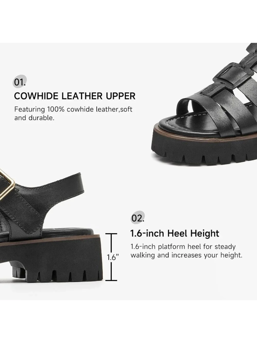 Women's Black Chunky Gladiator Open Toe Leather Platform Fisherman Sandal Shoes